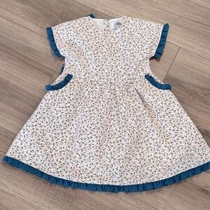 Girls 8Y Daisy Dreaming Floral Blue Trim Ruffle Dress with Tie Back